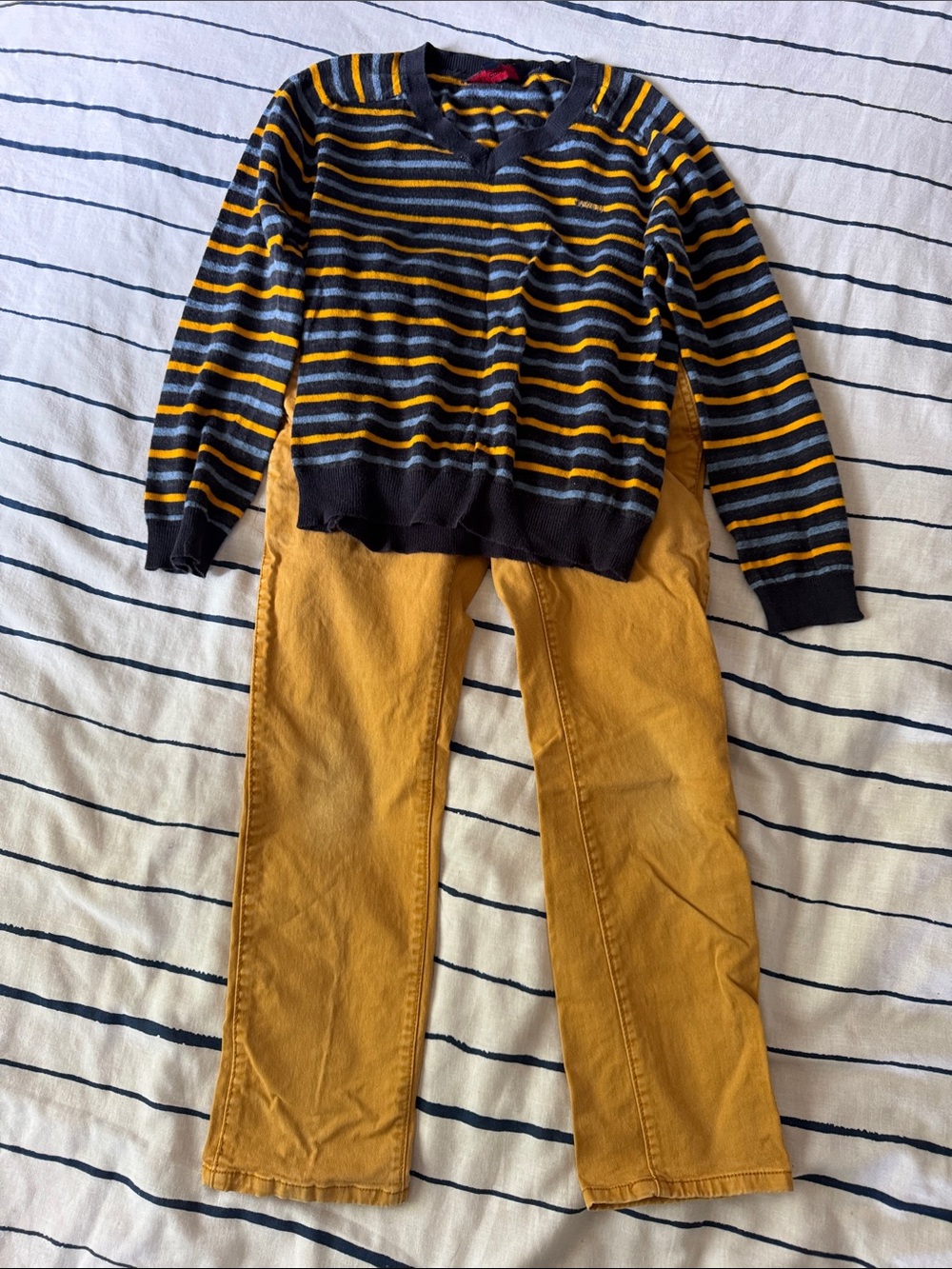 French Connection Navy, Yellow & Light Blue Striped Sweater w/ GAP Mustard Pants